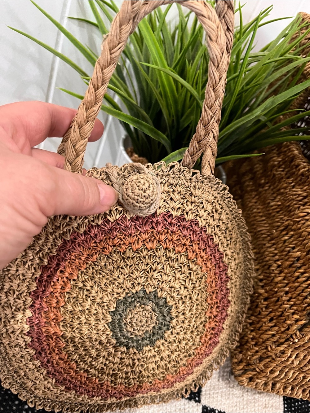 Handwoven Straw Mini Bag in Natural with Pink and Orange Accents